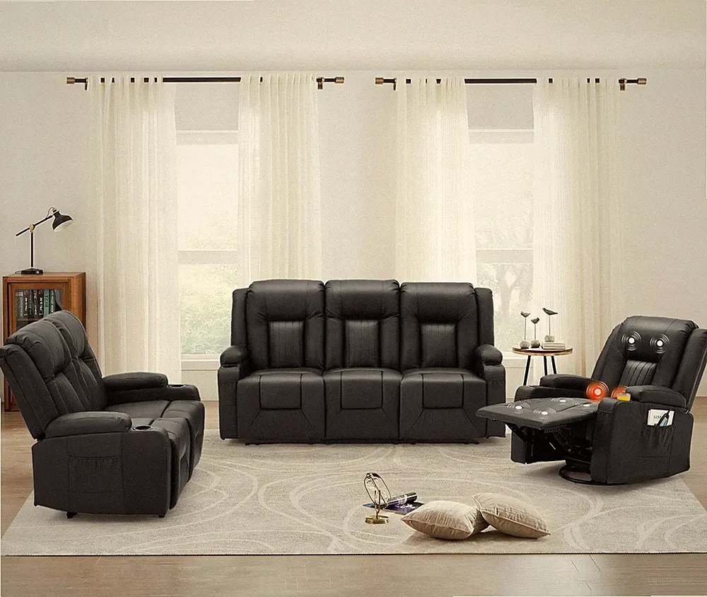 3 PCS Leather Recliner Sofa Set with Swivel Massage Chair Home Theater Seat