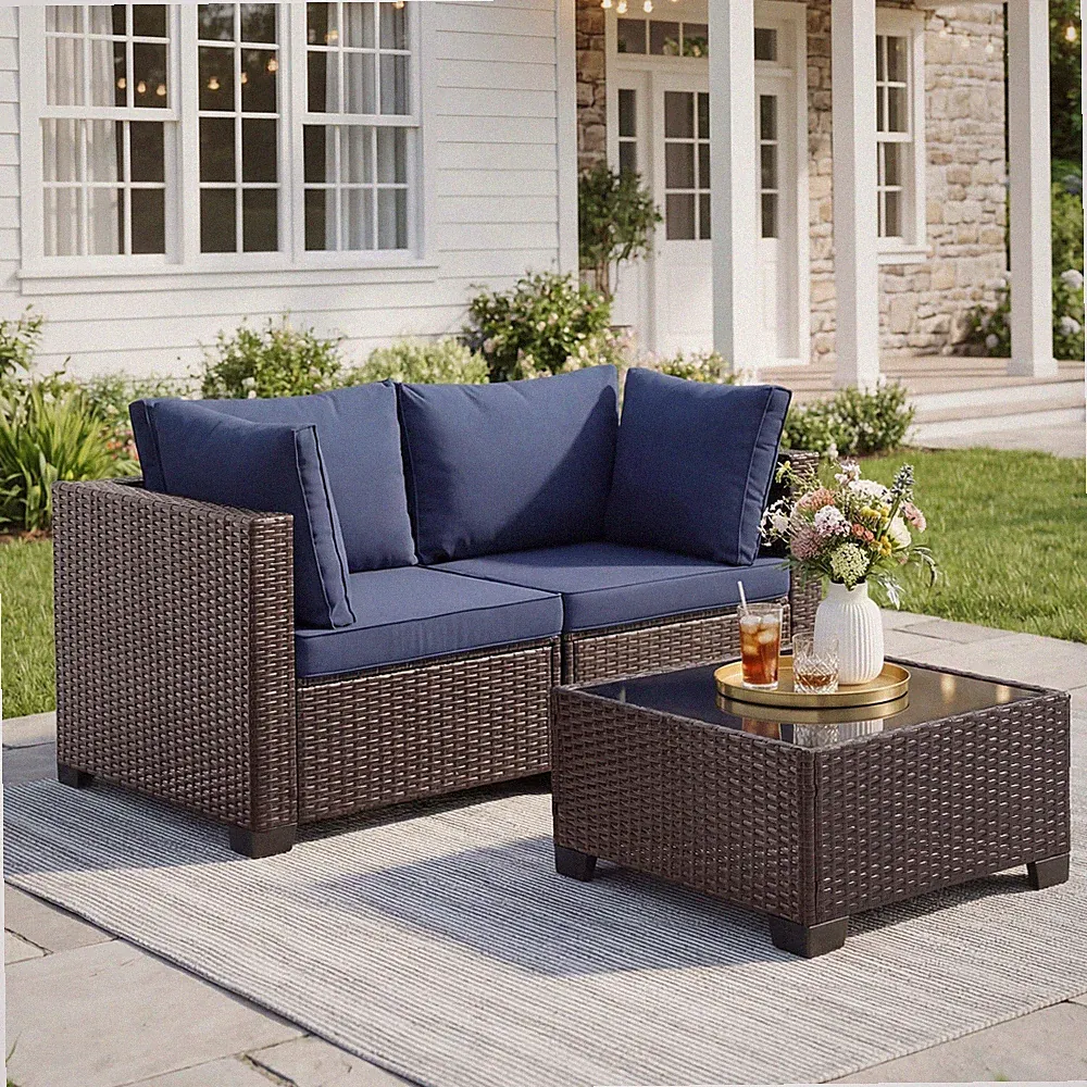 3 PCS Outdoor Patio Set Loveseat with Glass Coffee Table,Rattan Sectional Sofa