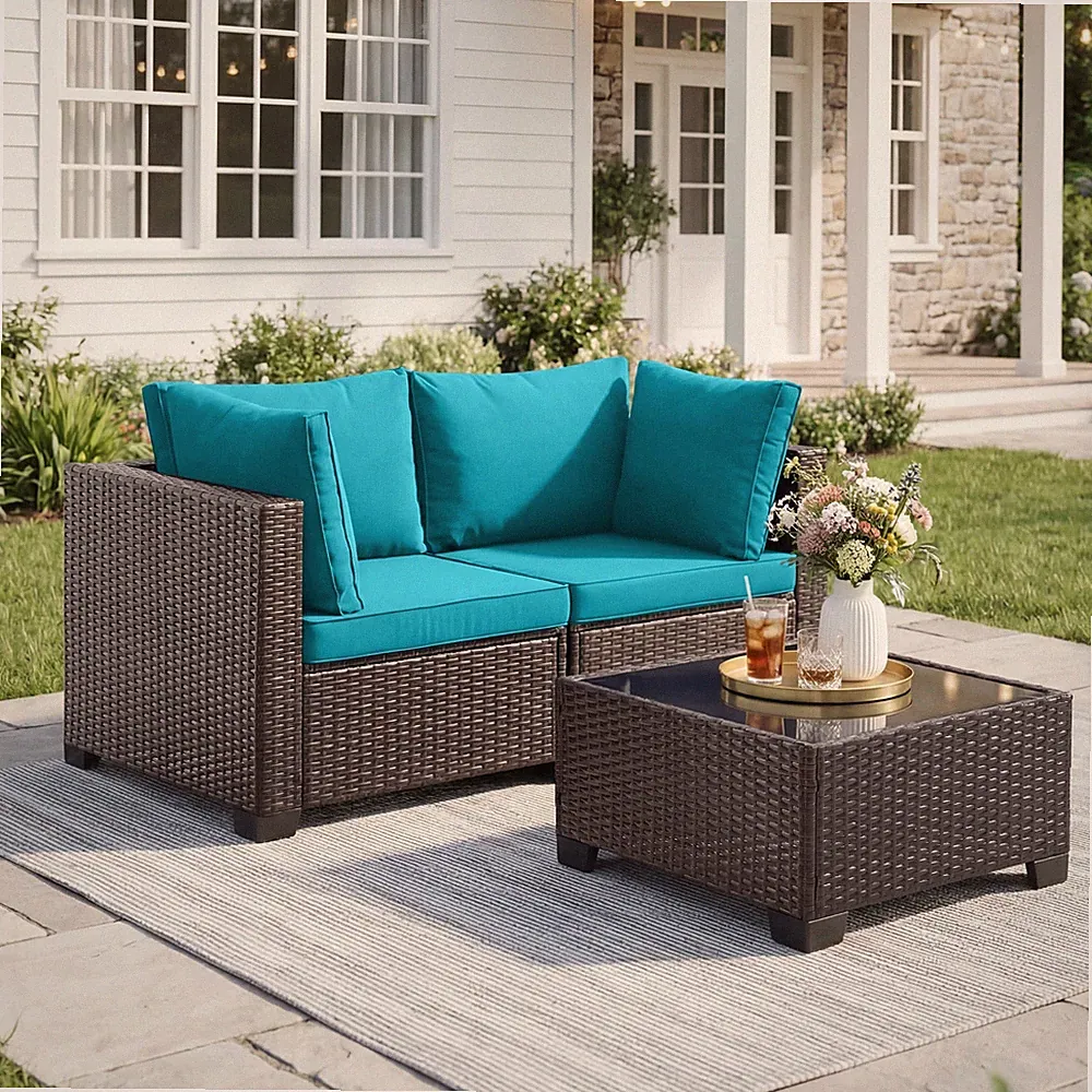 3 PCS Outdoor Patio Set Loveseat with Glass Coffee Table,Rattan Sectional Sofa