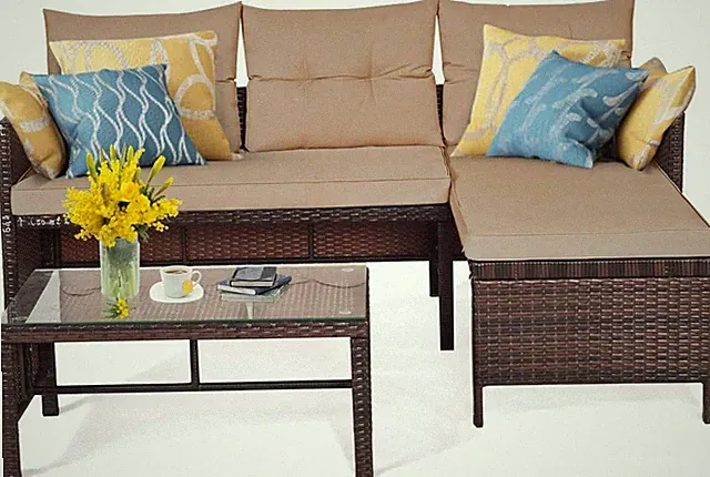 3 Pcs Outdoor Patio Sofa Set, Rattan Sofa Set with Coffee Table, Lounge Chaise