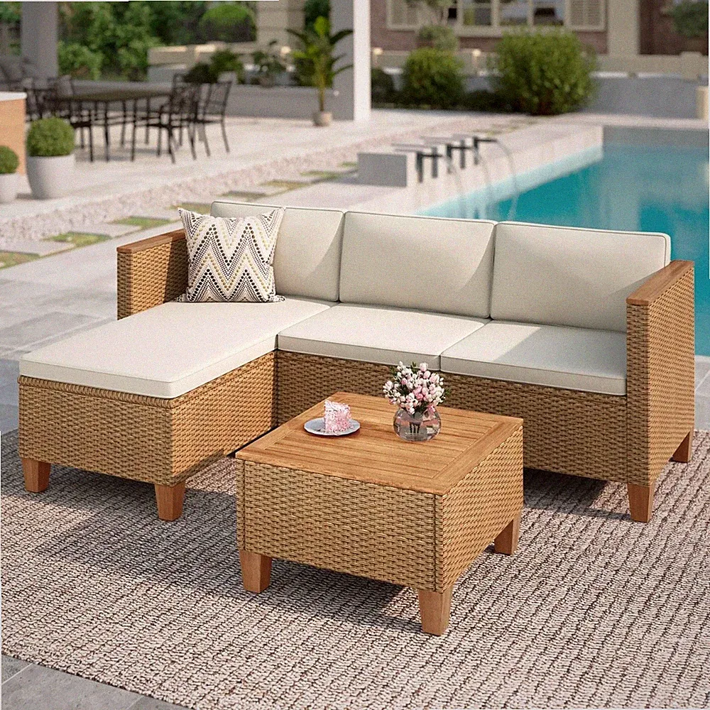 3 PCS Outoor Patio Furniture Set PE Rattan Wicker Sectional Sofa Ottoman Beige