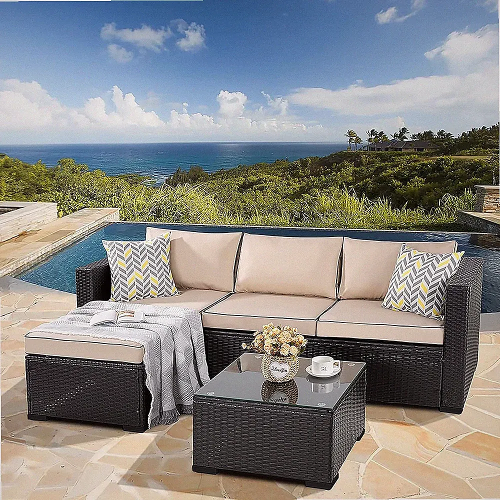 3 Pcs Patio Furniture Set,Outdoor Sectional Sofa with Washable Khaki Cushions,Bl