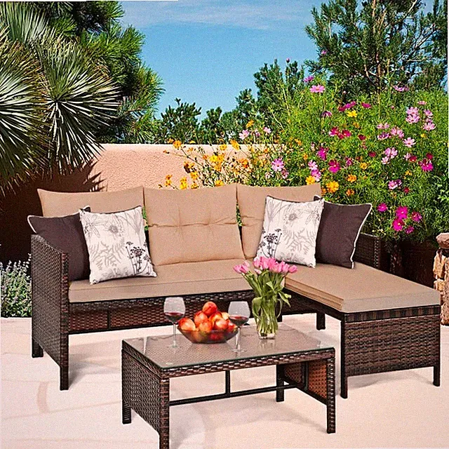 3 PCS Patio Wicker Corner Rattan Sofa Set Sectional Conversation Furniture Set
