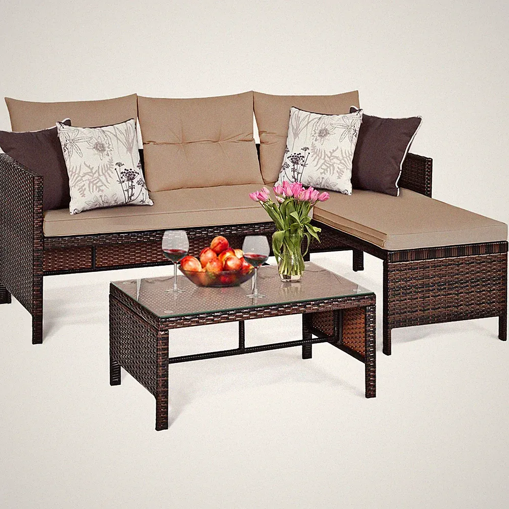 3 PCS Patio Wicker Rattan Sofa Set Sectional Conversation Furniture Set