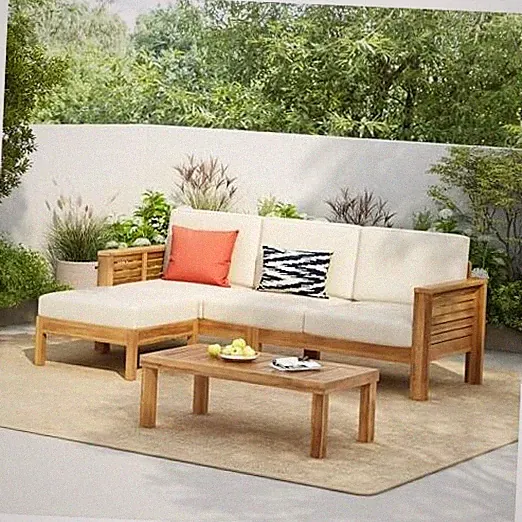 3 Piece Acacia Wood Patio Furniture Set, Outdoor Sectional 3 Pieces Cream+teak