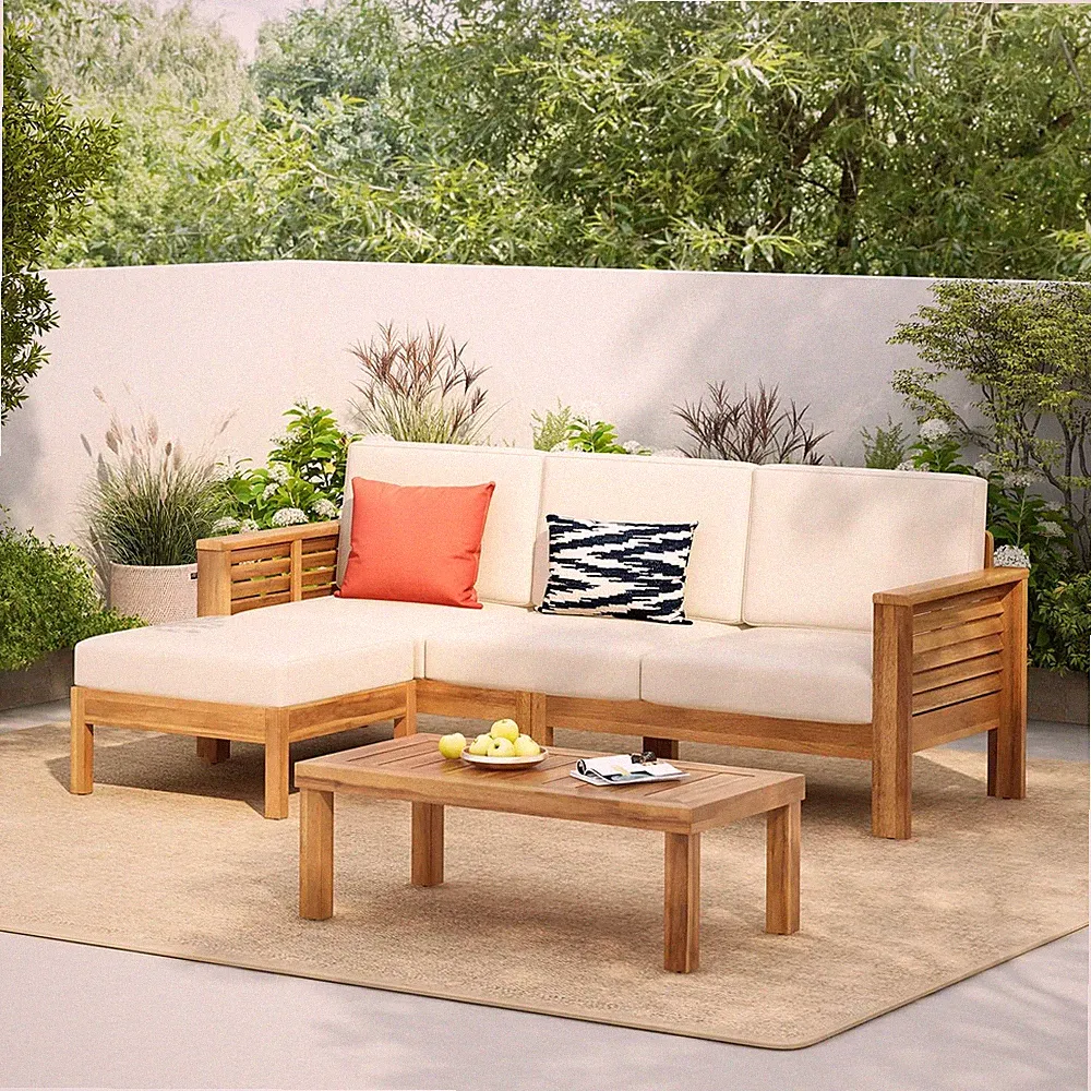 3 Piece Acacia Wood Patio Furniture Set, Outdoor Sectional Sofa Set with Coffee