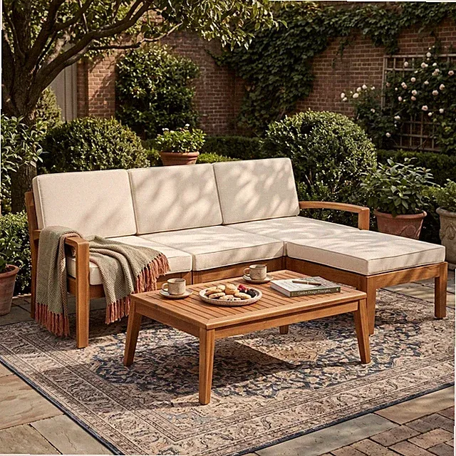 3-Piece Acacia Wood Patio Sectional Set L-Shaped Outdoor Sofa Garden Couch Set