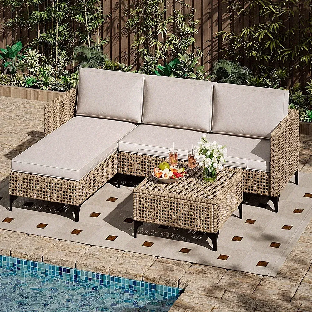 3 Piece All Weather Wicker Patio Sectional Sofa Set w/ Cushions & Coffee Table