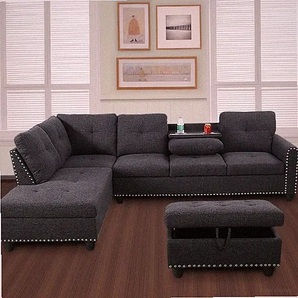3-Piece-Black-Linen-6 Seats-L-Shaped-Left Facing-Sectionals-flip-down-Cupholders