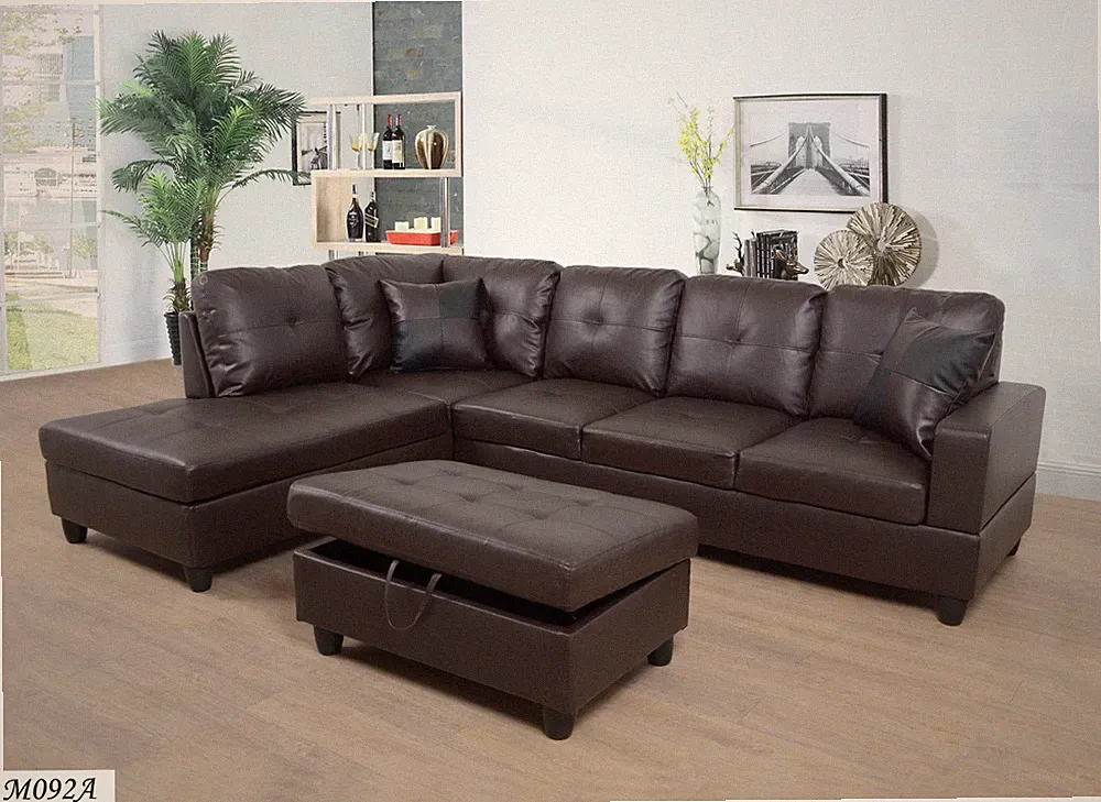 3-Piece Brown Faux Leather Sectional Sofa w/ Chaise & Ottoman, for Living Room