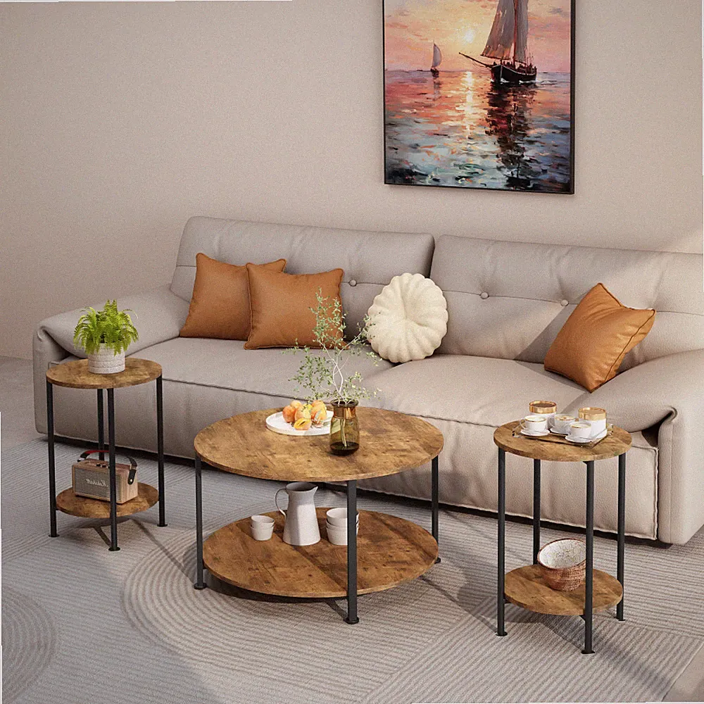 3-Piece Coffee Table End Table Sets Living Room Round Large Storage Modern