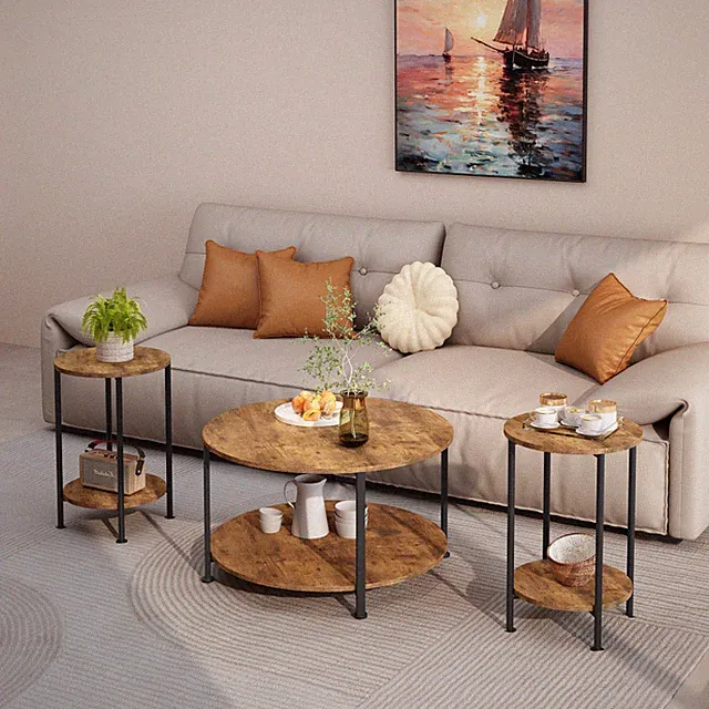 3-Piece Coffee Table Set w/Storage, Industrial Farmhouse, Rustic Brown