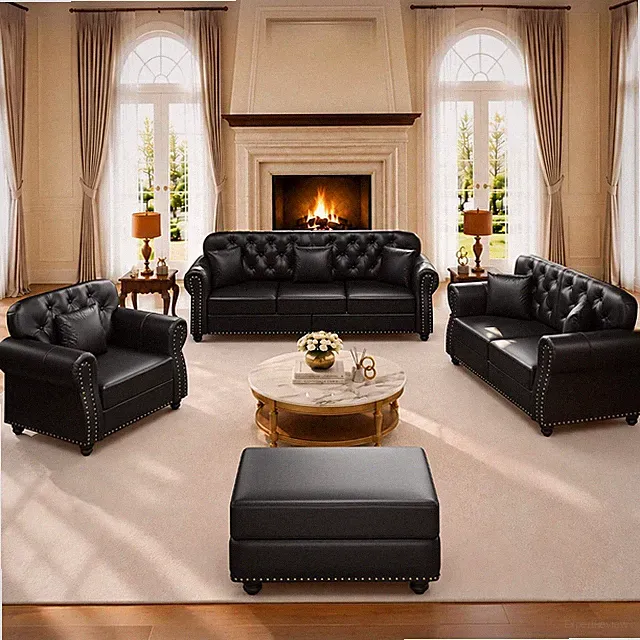 3-Piece Faux Leather Chesterfield Sofa Living Room Set with Ottoman, Black