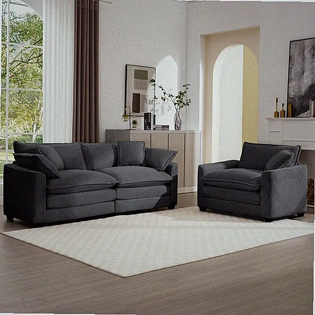 3-Piece Grey Corduroy Sectional Sofa Set with Chaise, Modern Living Room