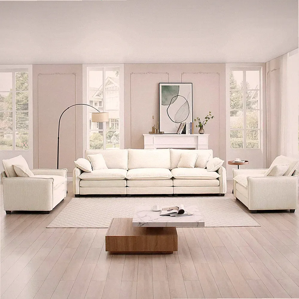 3-Piece Home Theater Corduroy Sectional Sofa Set with Pillows Beige
