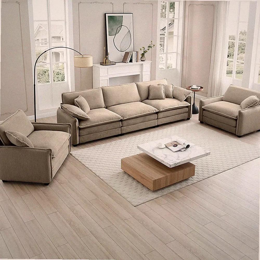 3-Piece Home Theater Corduroy Sectional Sofa Set with Pillows Tan