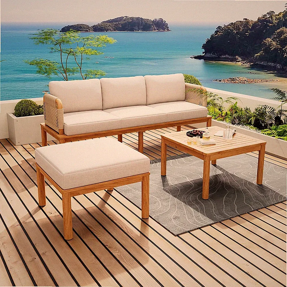 3-Piece L-Shape Outdoor Furniture Set, Outdoor Acacia Wood and Rope Patio Sofa S
