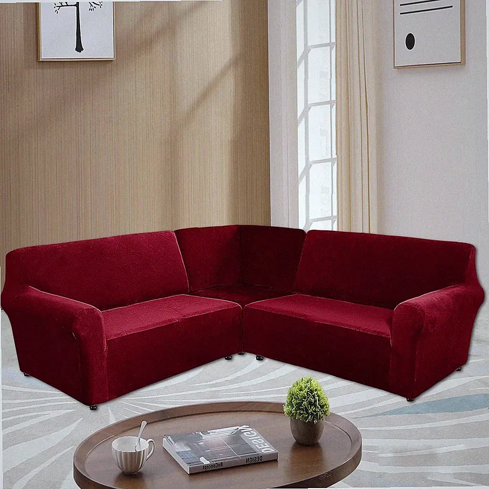 3-Piece L Shape Sofa Cover Velvet 5-Seater Corner Sectional Couch Sofa Slipcover