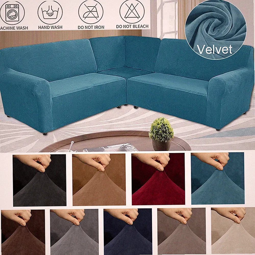 3-Piece L Shape Sofa Cover Velvet 5-Seater Corner Sectional Couch Sofa Slipcover