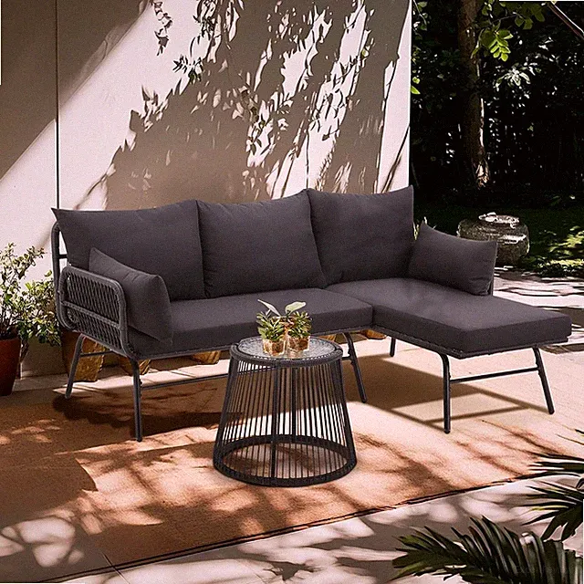 3-Piece L-Shaped Black Rattan Sectional Sofa W/ Black Cushions Outdoor Patio