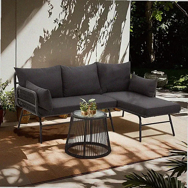 3-Piece L-Shaped Black Rattan Sectional Sofa with Black Cushions