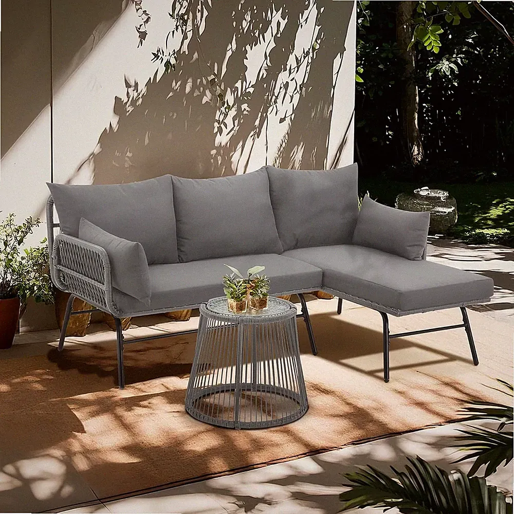 3-Piece L-Shaped Grey Rattan Sectional Sofa with Grey Cushions