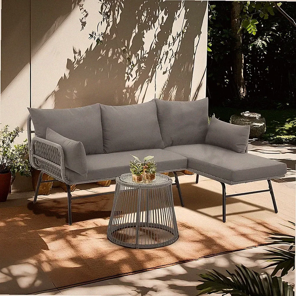 3-Piece L-Shaped Grey Rattan Sectional Sofa with Grey Cushions