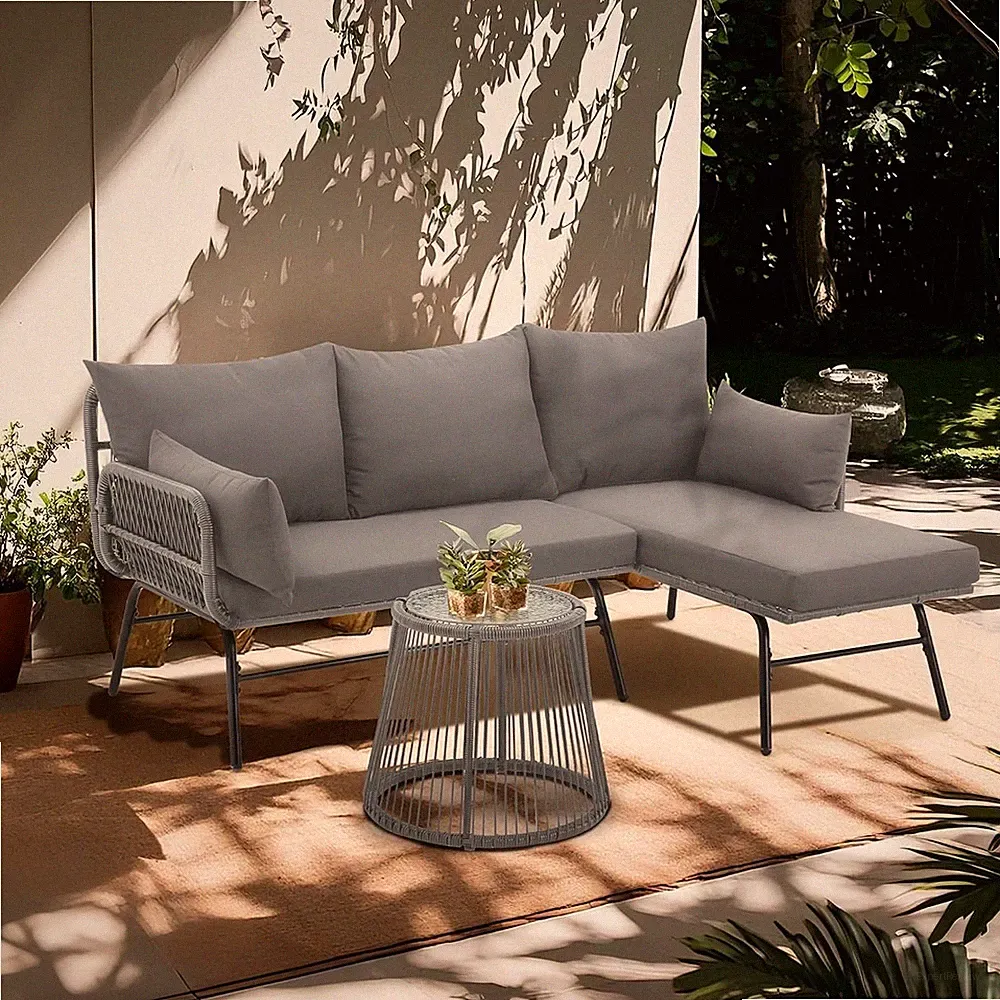 3-Piece L-Shaped Grey Rattan Sectional Sofa with Grey Cushions