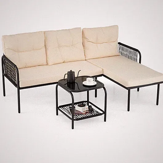 3-Piece L Shaped Patio Furniture Set PE Rattan Sectional Sofas-Beige - Color: Be
