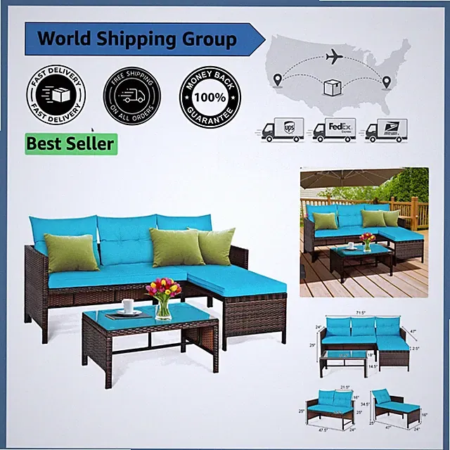 3-Piece L-Shaped Rattan Patio Sofa Set in Elegant Turquoise - Comfort & Style