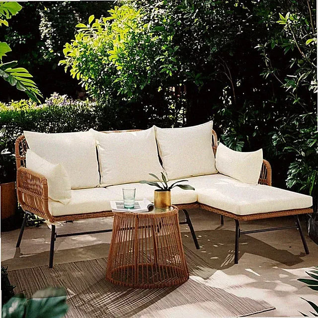 3-Piece L-Shaped Rattan Sectional Sofa Set, Glass Table, All-Weather