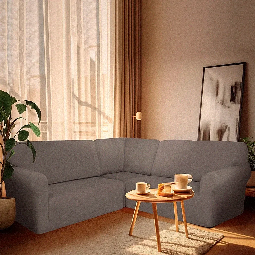 3-Piece L-Shaped Sectional Couch Cover – Stretch, 5-Seat (Light Gray), New