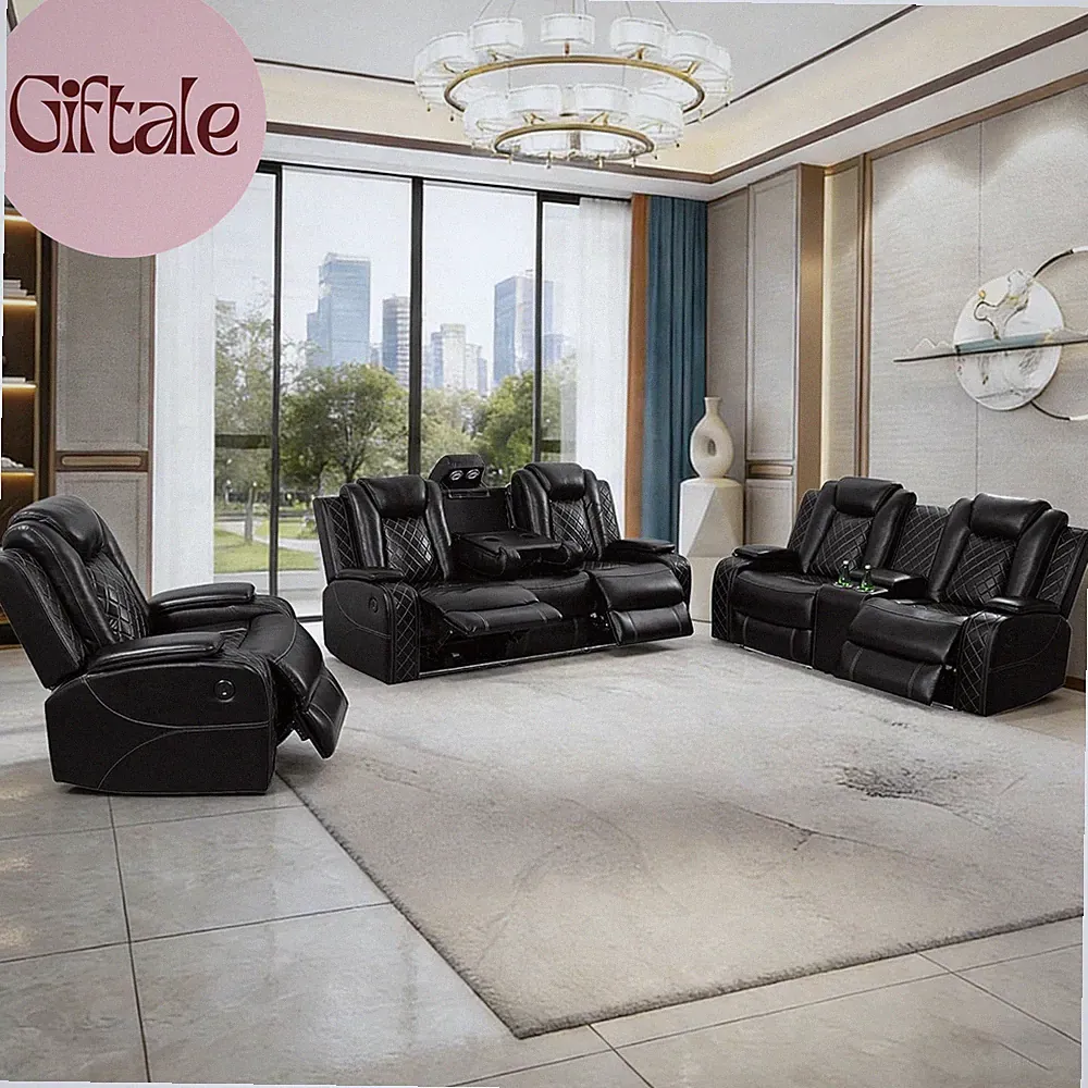 3-Piece Leather Power Recliner Sofa Set for Living Room with USB Ports,Led Ambie