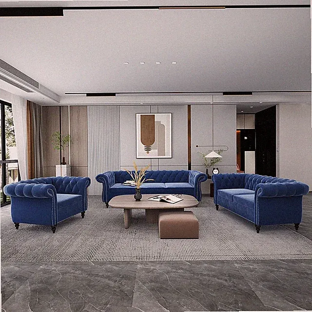 3 Piece Living Room Couch Set, Sectional Chesterfield Sofa Chair Contemporary Up