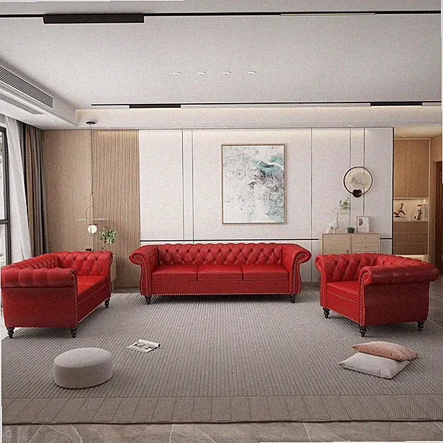 3 Piece Living Room Set, Chesterfield PU Leather Sofa Loveseat Couch Chair with