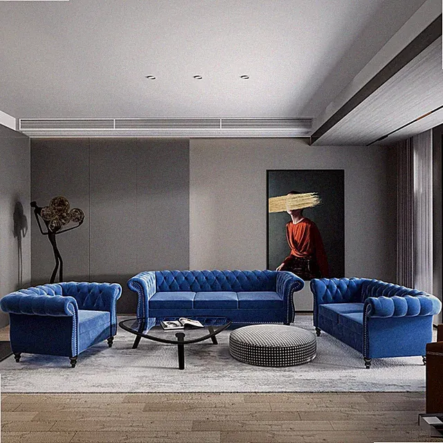 3 Piece Living Room Set, Chesterfield Velvet Sofa Loveseat Couch Chair with Scro