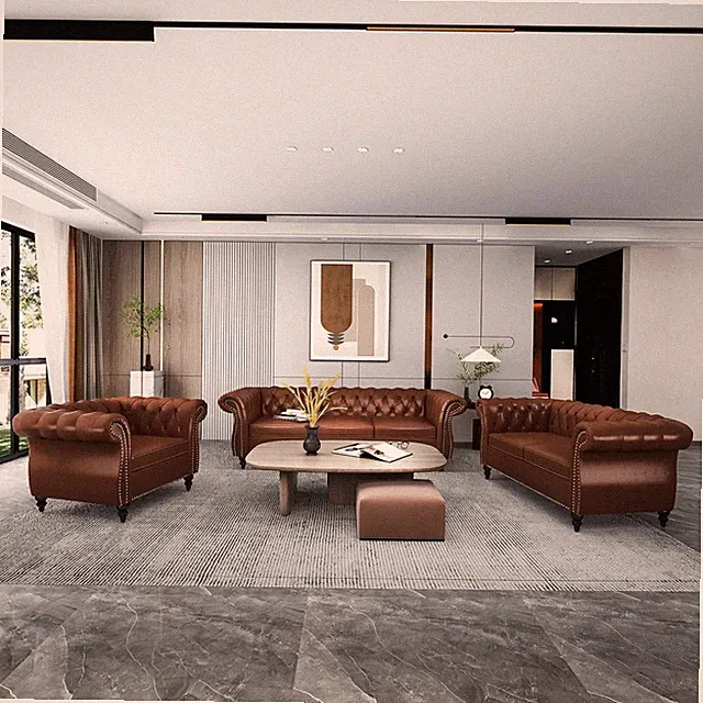 3 Piece Living Room Set, Sectional Chesterfield Sofa Chair Contemporary Upholste