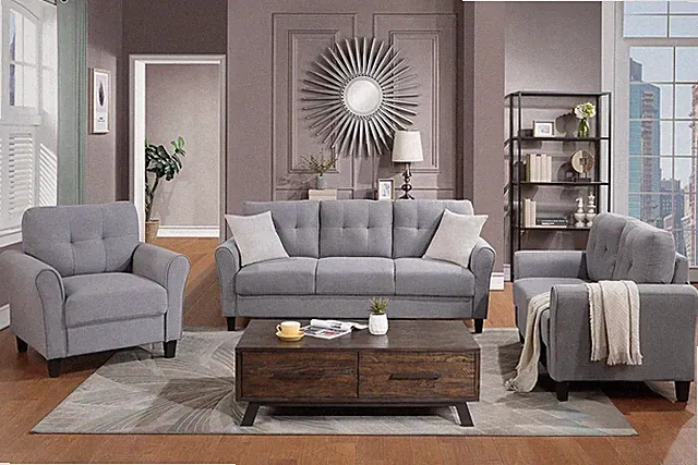 3 Piece Living Room Sofa Set, Modern Style Button Tufted Sofa, Linen Upholstered