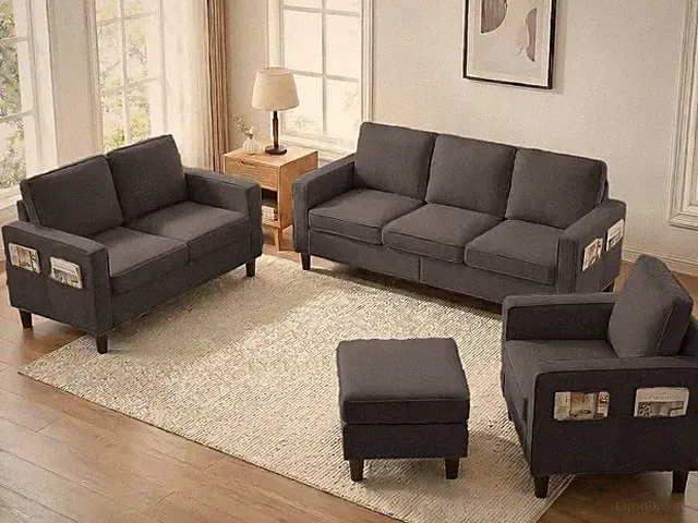 3 Piece Living Room Sofa Sets, Modern 3 Seater Sofa with Ottoman and Loveseat an