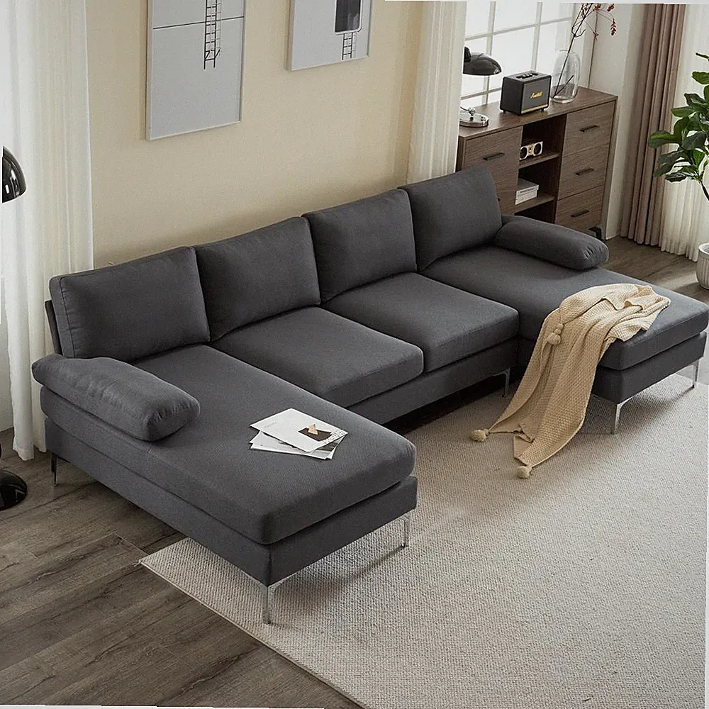 3 Piece Modern Sectional Sofa Set 2 Chaise Linen Fabric Nordic U-Shaped Couch