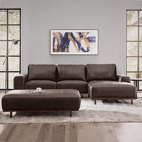 3-Piece Modern Top Grain Leather Sectional Sofa Solid Wood Frame Antique Brown