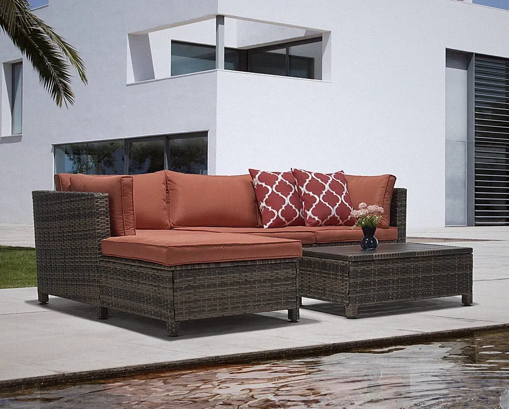 3-Piece Orange Sectional Patio Seating Set Outdoor Home Furniture Wicker