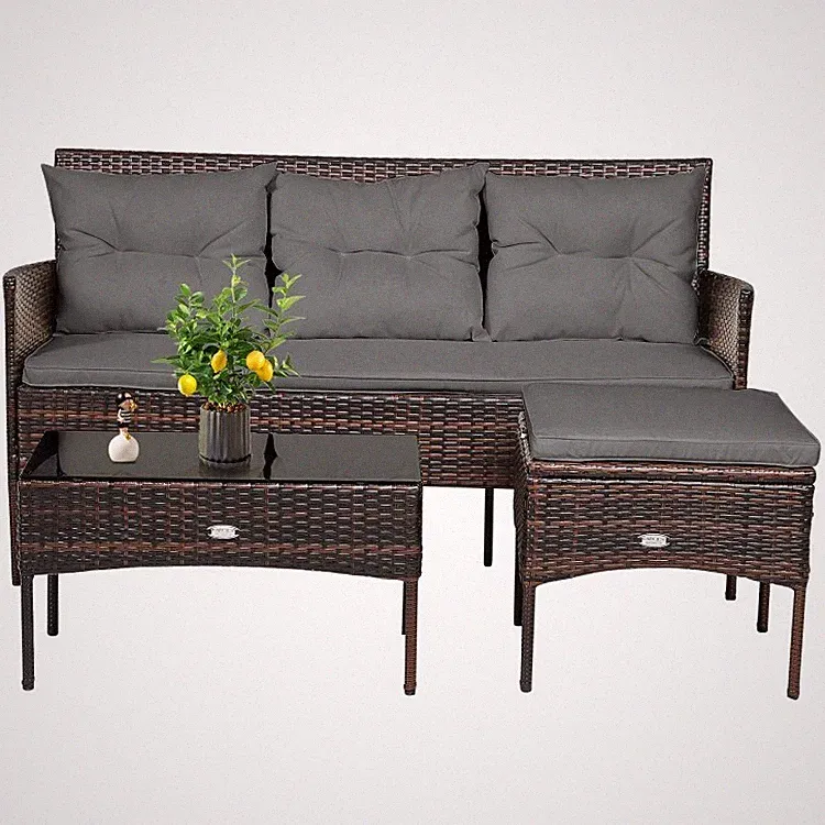 3-Piece Outdoor Patio Furniture Rattan Sectional Sofa Conversation Set Cozy Seat