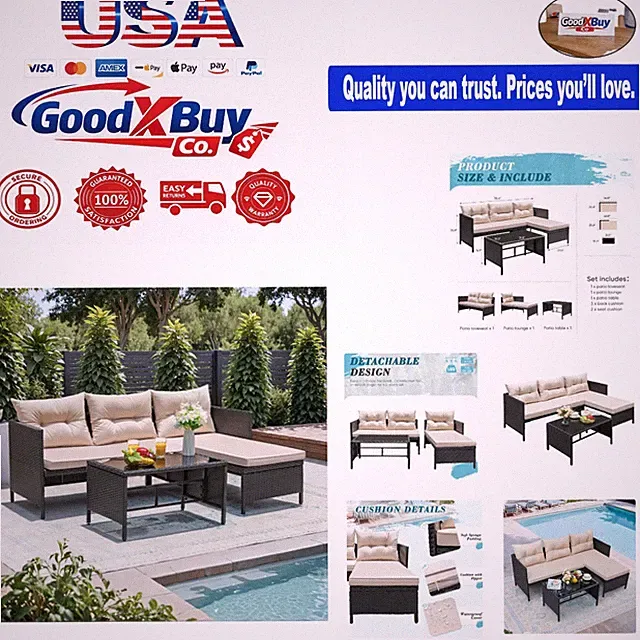 3-Piece Outdoor Patio Furniture Set Wicker Rattan L-Shape Sofa Coffee Table B...
