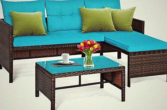 3-Piece Outdoor Rattan Sofa Set with Chaise, Loveseat & Coffee Table