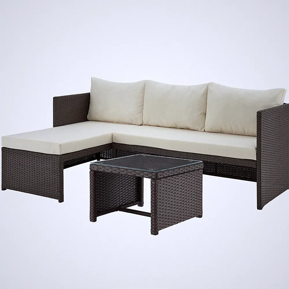 3-Piece Outdoor Sectional Set Brown Cream Chaise Loveseat Table