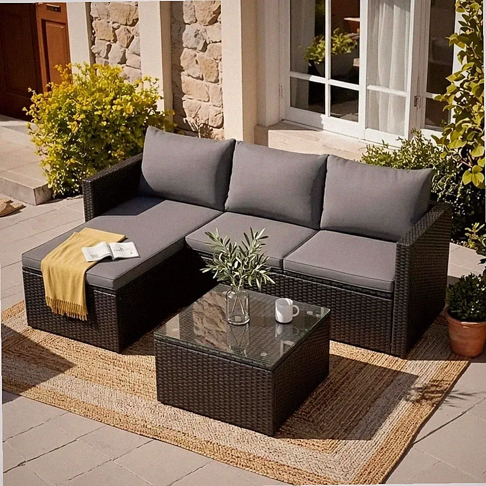 3-Piece Outdoor Sectional Sofa Set W/ Glass Coffee Table All-Weather PE Wicker