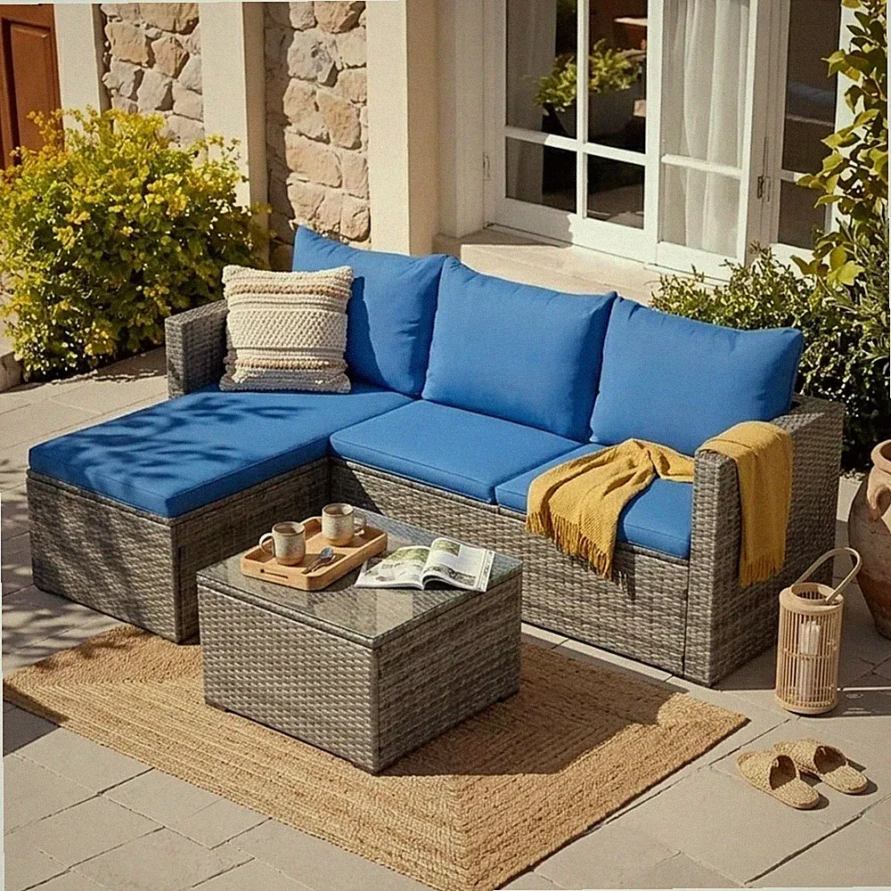 3-Piece Outdoor Sectional Sofa Set with Glass Coffee Table, All-Weather PE Wicke