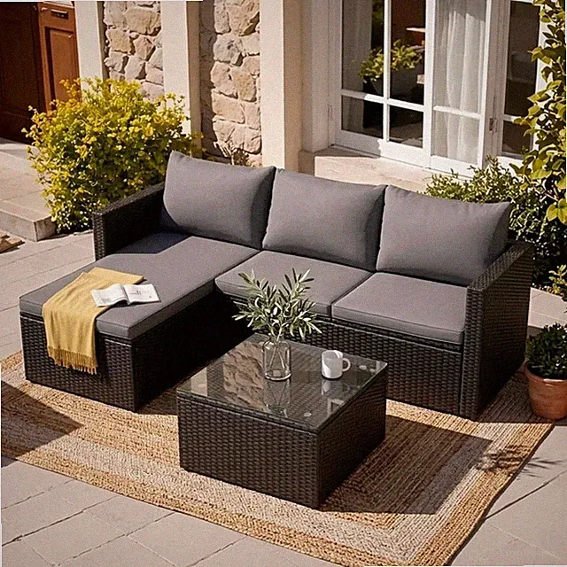 3-Piece Outdoor Sectional Sofa Set with Glass Coffee Table, All-Weather PE Wicke