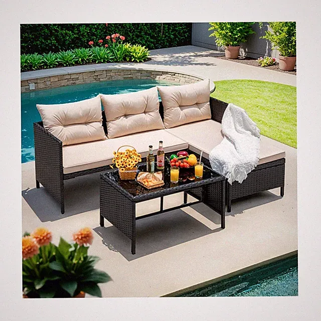 3 Piece Outdoor Sectional Sofa Waterproof All Weather with Cushion Glass Table